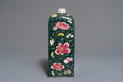 A square Chinese famille rose black-ground flask, Yongzheng/Qianlong