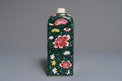 A square Chinese famille rose black-ground flask, Yongzheng/Qianlong