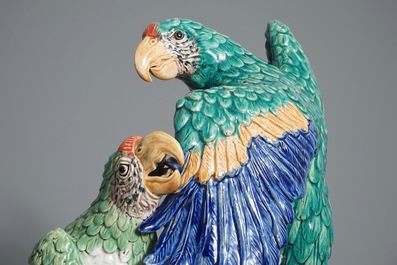 A large Chinese Shiwan pottery group of parrots, impressed mark, 20th C.