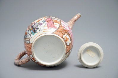 A rare Chinese famille rose rectangular 'Mandarin' teapot and cover, Qianlong