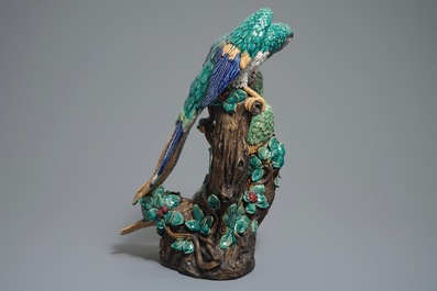A large Chinese Shiwan pottery group of parrots, impressed mark, 20th C.