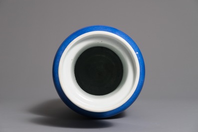 A Chinese monochrome powder blue rouleau vase, Kangxi