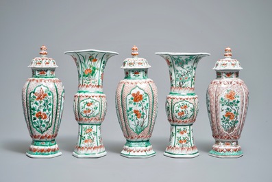 A Chinese famille verte five-piece garniture with floral design , Kangxi