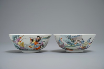 Two Chinese famille rose bowls with warriors, Qianlong mark, 20th C.