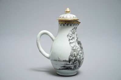 Een Chinese melkkan met deksel met decor van "De Heropstanding", Qianlong