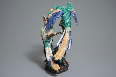A large Chinese Shiwan pottery group of parrots, impressed mark, 20th C.