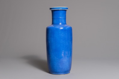 A Chinese monochrome powder blue rouleau vase, Kangxi