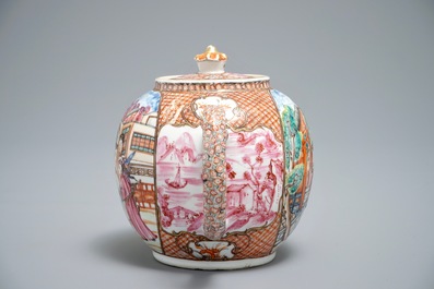 A rare Chinese famille rose rectangular 'Mandarin' teapot and cover, Qianlong