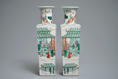 A pair of square Chinese famille verte vases, 19th C.