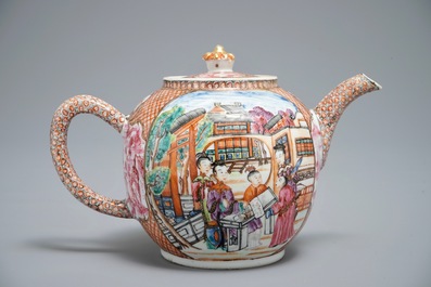 A rare Chinese famille rose rectangular 'Mandarin' teapot and cover, Qianlong