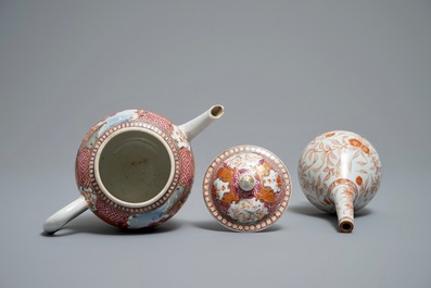 A Chinese iron red and gilt rosewater sprinkler and a mandarin design teapot, Kangxi and Qianlong