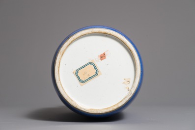 A Chinese monochrome powder blue rouleau vase, Kangxi