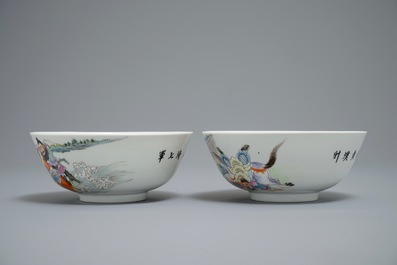Two Chinese famille rose bowls with warriors, Qianlong mark, 20th C.