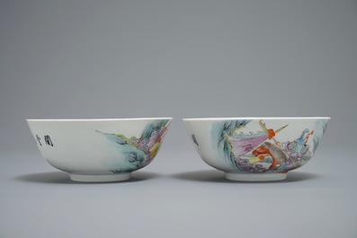 Two Chinese famille rose bowls with warriors, Qianlong mark, 20th C.