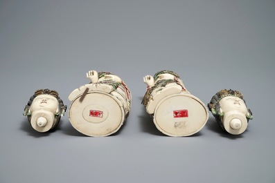 Een paar polychrome Chinese ivoren figuren van dames, 1e helft 20e eeuw