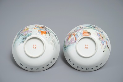 Two Chinese famille rose bowls with warriors, Qianlong mark, 20th C.