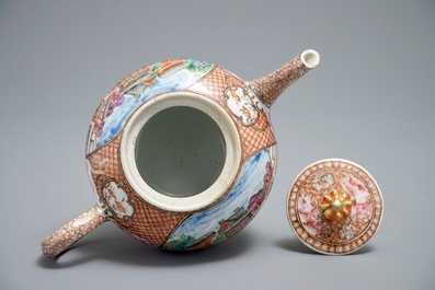 A rare Chinese famille rose rectangular 'Mandarin' teapot and cover, Qianlong