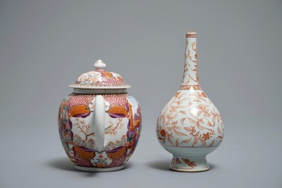 A Chinese iron red and gilt rosewater sprinkler and a mandarin design teapot, Kangxi and Qianlong