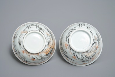 Een paar Chinese famille rose bianco sopra bianco koppen en schotels, Qianlong
