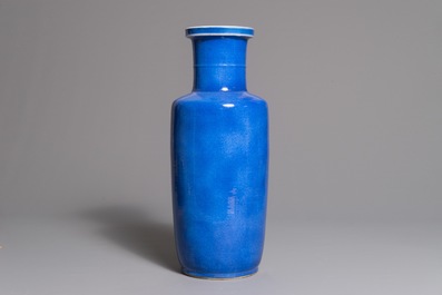 A Chinese monochrome powder blue rouleau vase, Kangxi