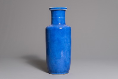A Chinese monochrome powder blue rouleau vase, Kangxi