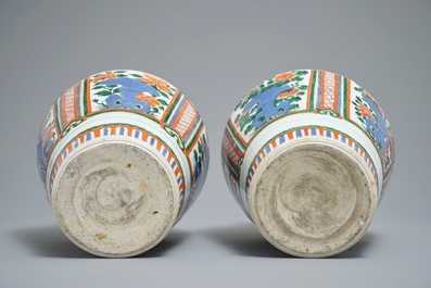 Two Chinese wucai vases with peony flowers on rockwork, 19th C.