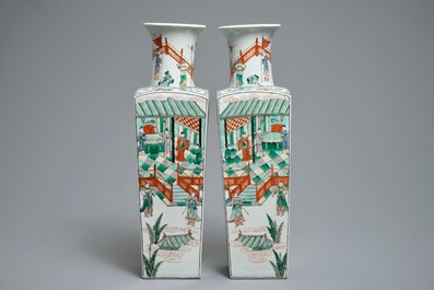 A pair of square Chinese famille verte vases, 19th C.
