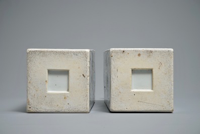 A pair of square Chinese famille verte vases, 19th C.
