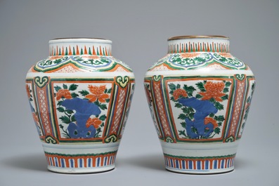 Two Chinese wucai vases with peony flowers on rockwork, 19th C.