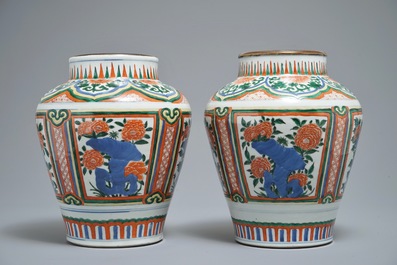 Two Chinese wucai vases with peony flowers on rockwork, 19th C.