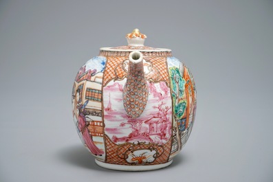A rare Chinese famille rose rectangular 'Mandarin' teapot and cover, Qianlong
