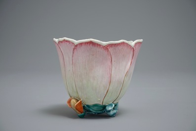 A large Chinese famille rose magnolia-shaped cup on stand, Yongzheng