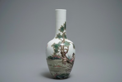 A Chinese famille rose vase with shepherdesses and their sheep, Qianlong mark, 20th C.
