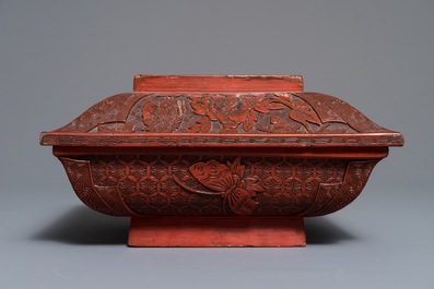 A Chinese cinnabar lacquer square bowl and cover with a qilin, 17/18th C.
