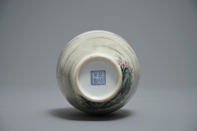 A Chinese famille rose vase with shepherdesses and their sheep, Qianlong mark, 20th C.