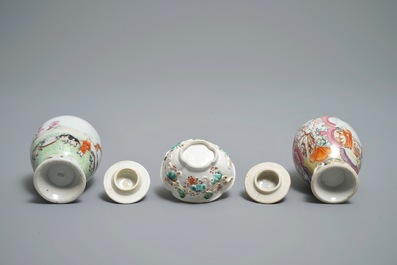 Two Chinese famille rose tea caddies and a relief-decorated cup and saucer, Yongzheng/Qianlong