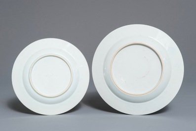 Two Chinese famille rose plates with figures in boats, Yongzheng/Qianlong