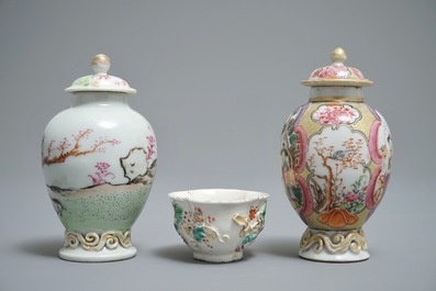 Two Chinese famille rose tea caddies and a relief-decorated cup and saucer, Yongzheng/Qianlong