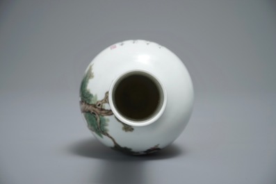 A Chinese famille rose vase with shepherdesses and their sheep, Qianlong mark, 20th C.