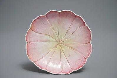 A large Chinese famille rose magnolia-shaped cup on stand, Yongzheng