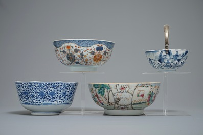 Four Chinese blue and white, famille rose and Imari-style bowls, Kangxi, Qianlong and 19th C.