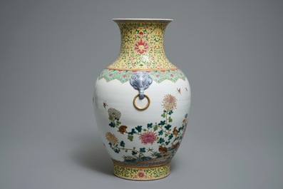 A Chinese famille rose hu vase with quails, Jiaqing mark, 19/20th C.
