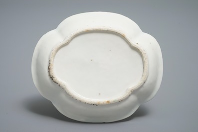 Two Chinese famille rose tea caddies and a relief-decorated cup and saucer, Yongzheng/Qianlong