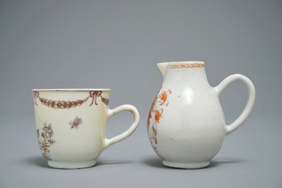 A Chinese famille rose export milk jug, a saucer and a cup, Qianlong