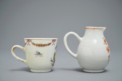 A Chinese famille rose export milk jug, a saucer and a cup, Qianlong
