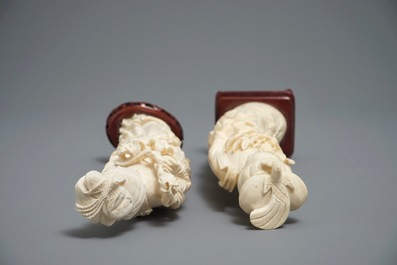Two Chinese carved ivory figures of ladies with blossoms, 1st half 20th C.
