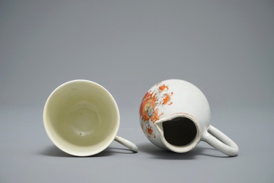 A Chinese famille rose export milk jug, a saucer and a cup, Qianlong