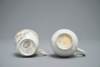 A Chinese famille rose export milk jug, a saucer and a cup, Qianlong