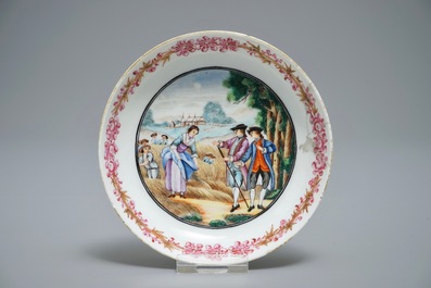 A Chinese famille rose export milk jug, a saucer and a cup, Qianlong