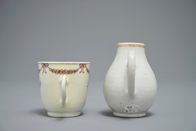 A Chinese famille rose export milk jug, a saucer and a cup, Qianlong